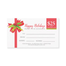 Certificat cadeau de Noël ruban vert rouge 25 $
