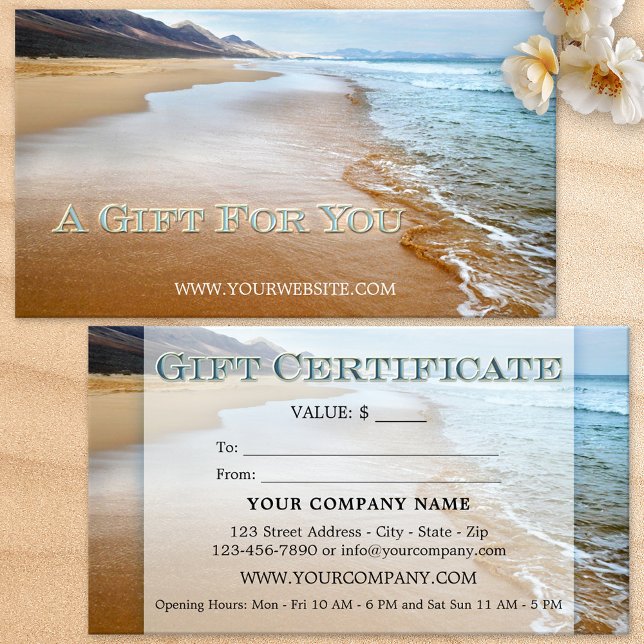 Certificat cadeau de plage (Business card size gift certificate featuring an image of the beach)