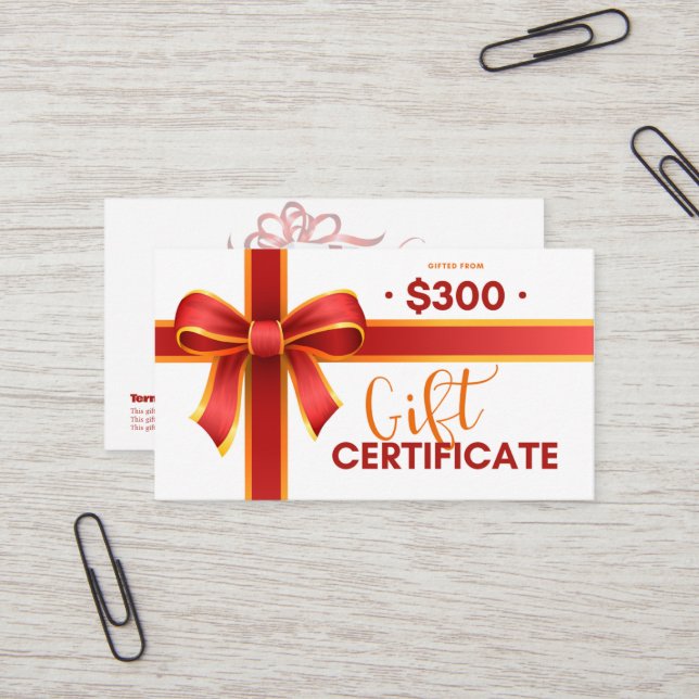 Certificat cadeau d'entreprise 300 $ (Devant/Arrière en situation)