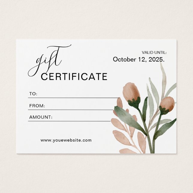 Certificat cadeau floral simple Beige Aquarelle (Devant)