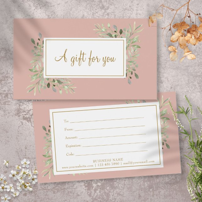 Certificat Cadeau Script Feuilles de Printemps Ros (Blush Pink Spring Leaves Script Gift Certificate)