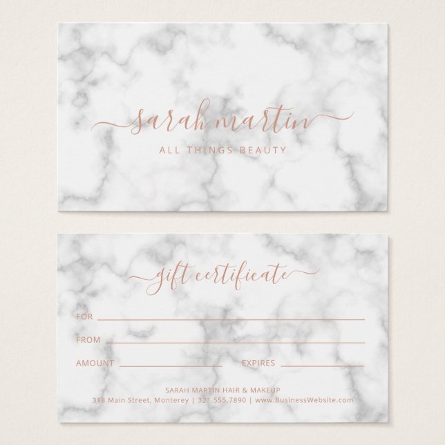 Certificat cadeau simple Rose élégant en marbre or (Devant & derrière)