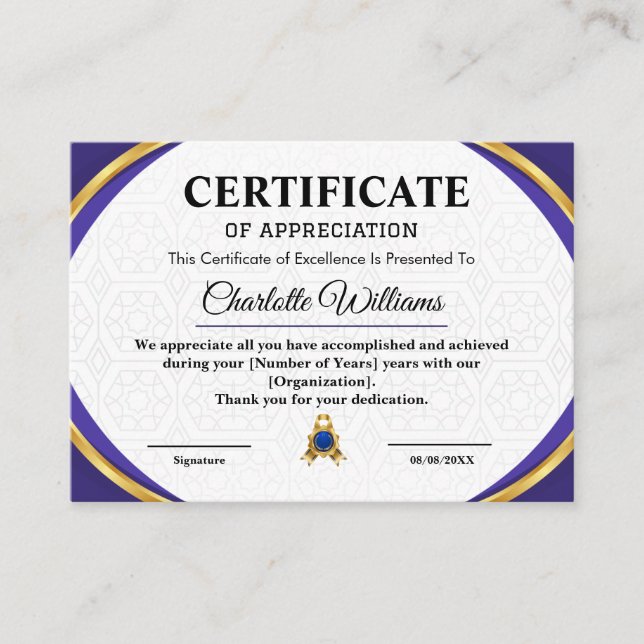 Certificat d'appréciation de reconnaissance des em (Devant)