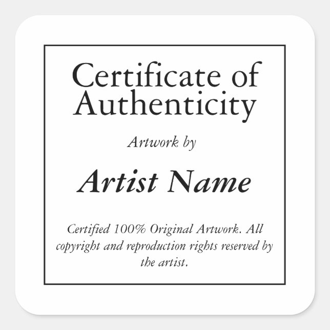 Certificat d'authenticité Art Sticker (Devant)