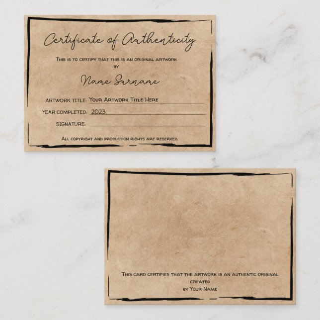 Certificat d'authenticité oeuvre par Ajouter un lo (Devant / Derrière)