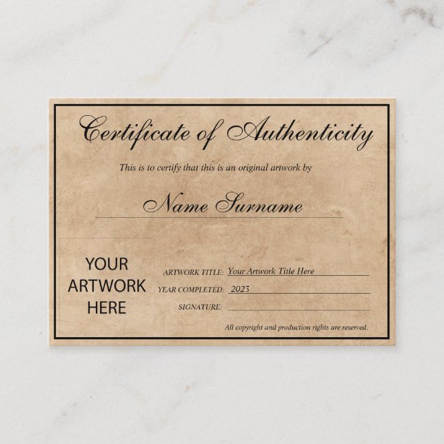 Certificat d'authenticité oeuvre par Ajouter un lo (Devant)