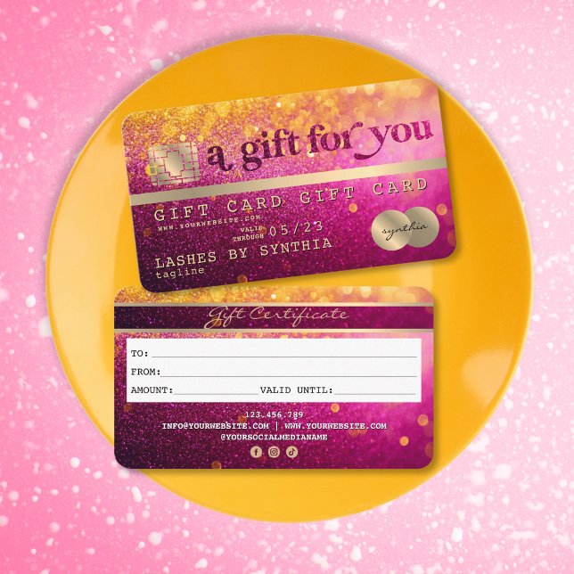 Certificat de carte cadeau de Parties scintillant  (gold and pink glitter like credit card gift certificate)