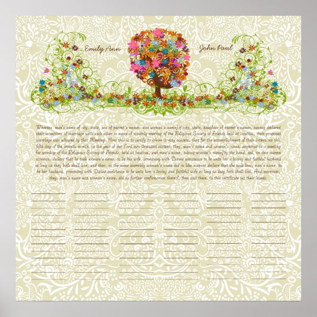 Certificat de mariage quaker impression arbre fleu (Devant)
