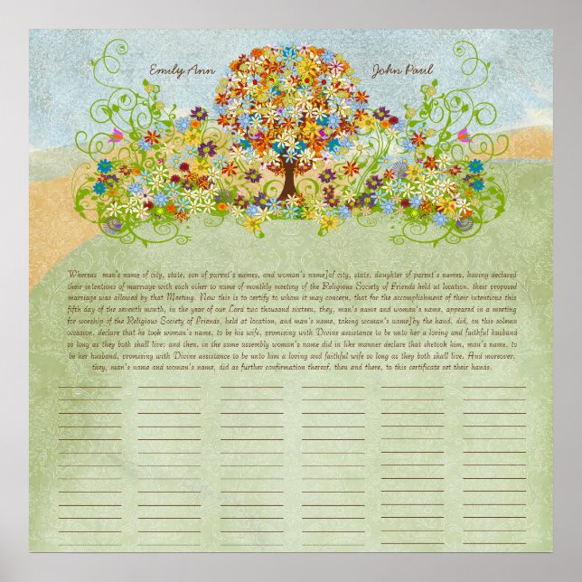 Certificat de Mariage Quaker Impression d'Arbre Fl (Devant)