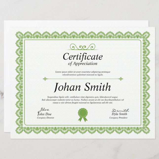 Certificat De Modèle D'Appréciation (Devant / Derrière)