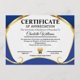 Certificat de Remerciement Bleu Or Élégant