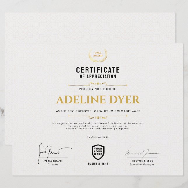 Certificat | Modèle du prix du logo d'entreprise m (Devant / Derrière)