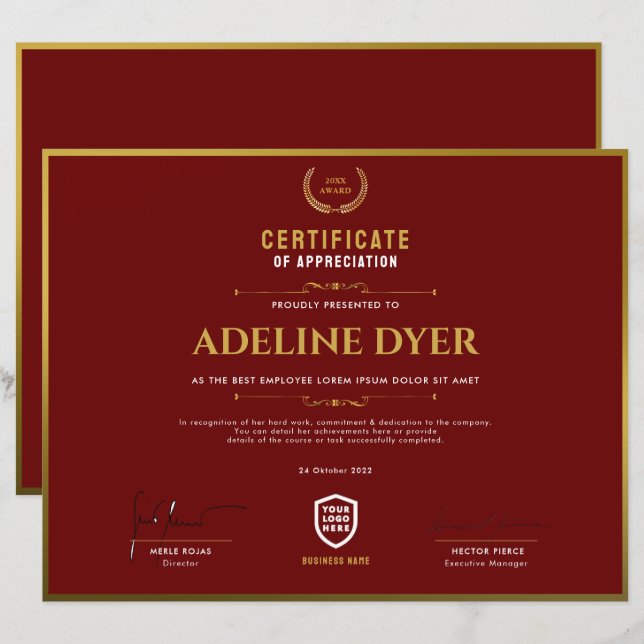 Certificat | Modèle du prix du logo d'entreprise m (Devant / Derrière)