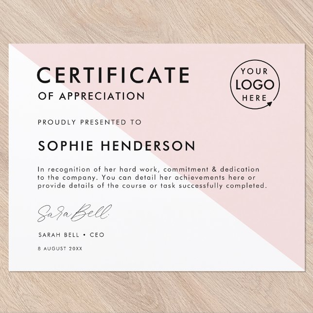 Certificat Pink Professional Logo Award Modèle (Versatile award certificate template with your company logo for team recognition & appreciation!)
