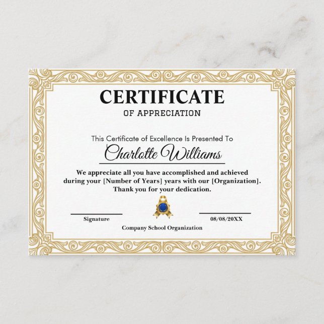 Certificate of Appreciation Gold Elegant Template Begleitkarte (Vorderseite)
