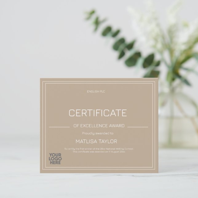 Certificate of Excellence Award Taupe Add Logo  (Stehend Vorderseite)