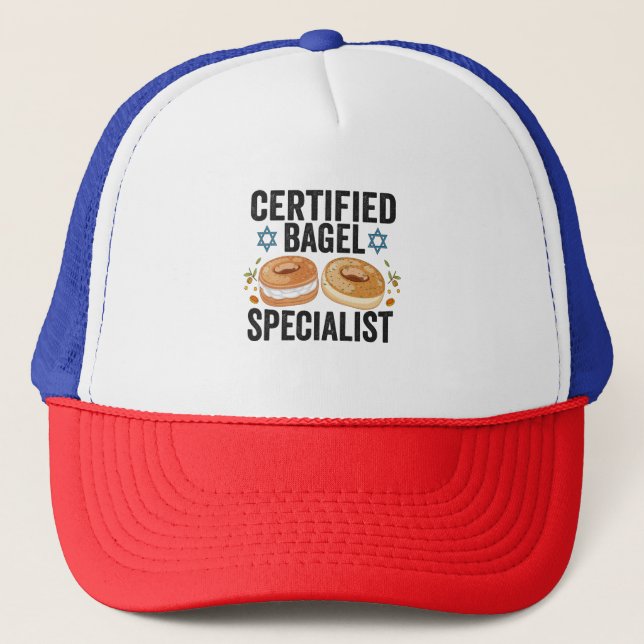 Certified Bagel Specialist Funny Jewish Hanukkah Truckerkappe (Vorderseite)