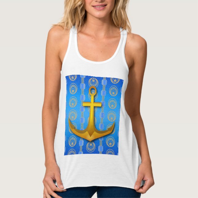Cerulean Blue Gold Anchor Racerback Tank Top (Vorderseite)