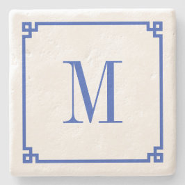 Cerulean Blue Greece Key Border Monogram Steinuntersetzer