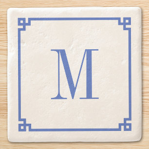 Cerulean Blue Greece Key Border Monogram Steinuntersetzer