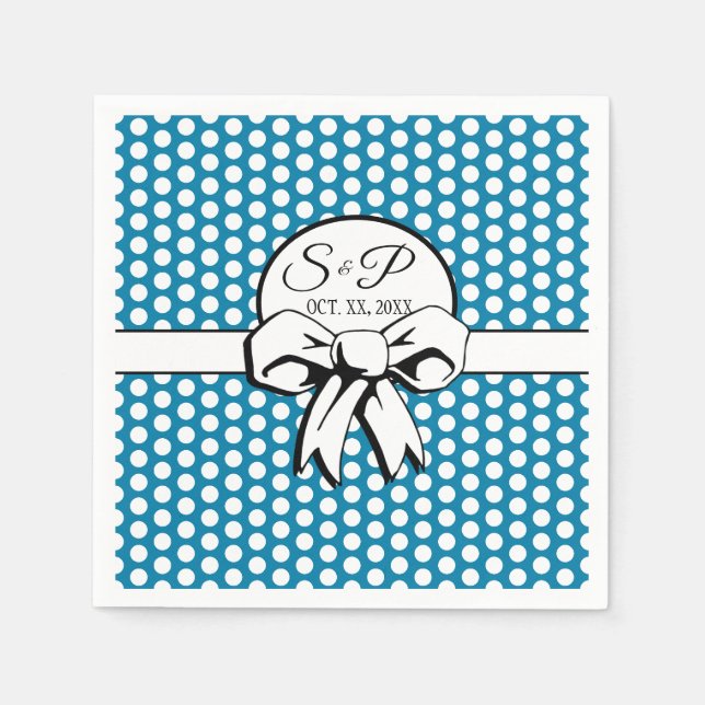 Cerulean Blue Polka Dot White Bow Personalisiert Serviette (Vorderseite)