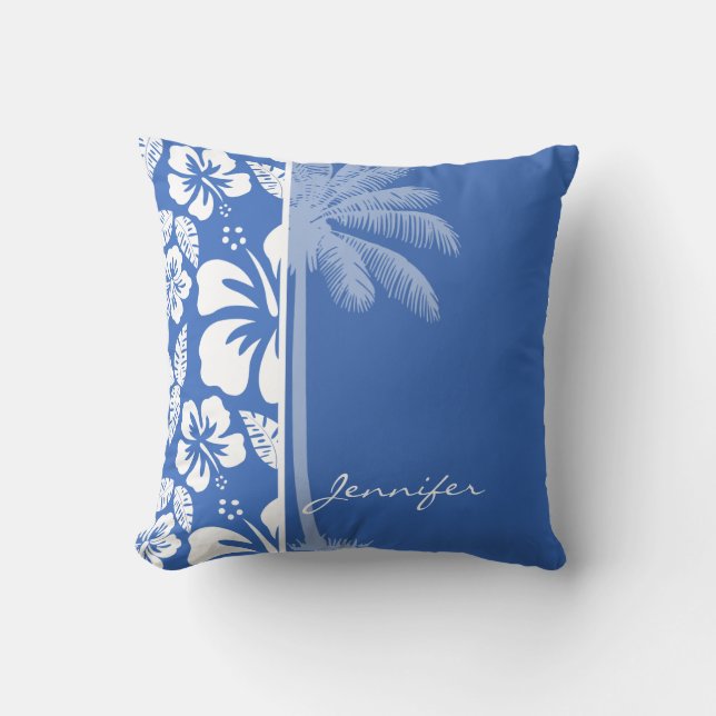 Cerulean Blue Tropical Hibiskus und Palm Kissen (Vorderseite)