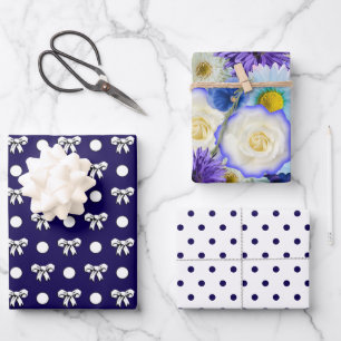 Cerulean Blue und White Polka Dots Blume Collage Geschenkpapier Set