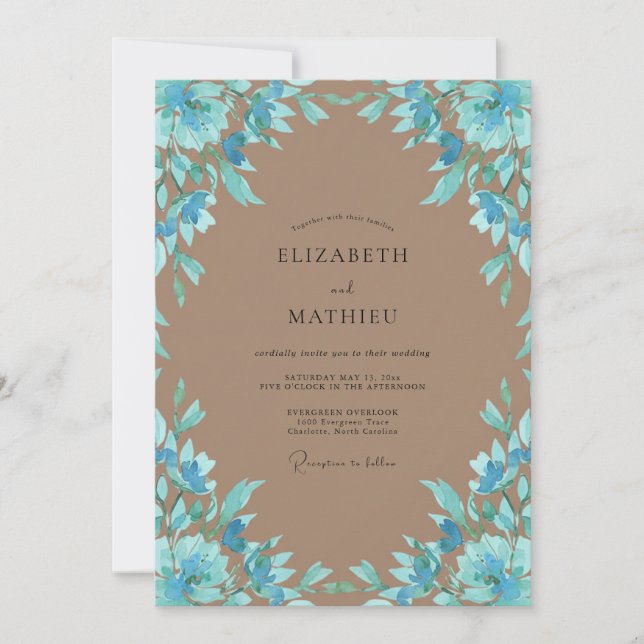 Cerulean-Taupe-Blütenhochzeit Einladung (Vorderseite)