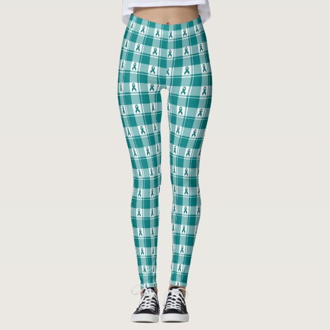 Cervical Cancer Awareness Plaid Teal Ribbon Leggings (Vorderseite)