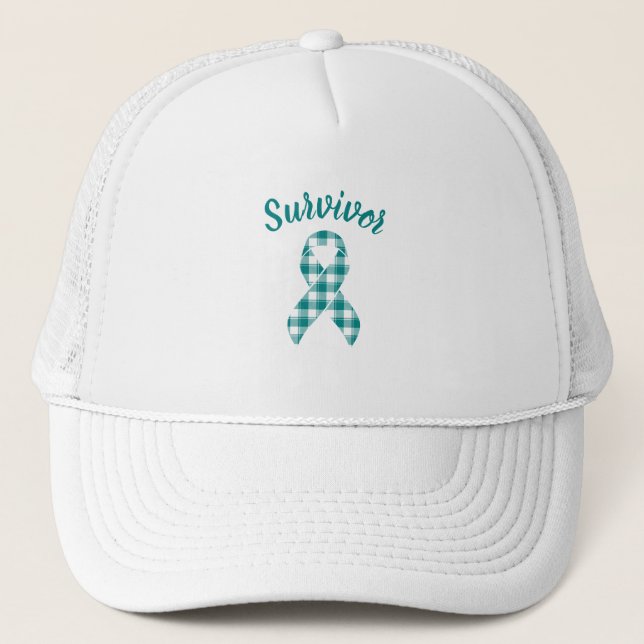 Cervical Cancer Awareness Plaid Teal Survivor Truckerkappe (Vorderseite)