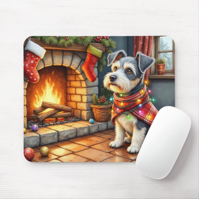 Cesky Terrier Kamin mit Weihnachtslichtern Mousepad (Mit Mouse)