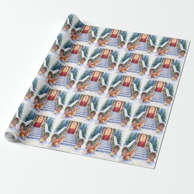 Cesky Terrier Snowy Staircase Christmas Art Geschenkpapier (Ungerollt)