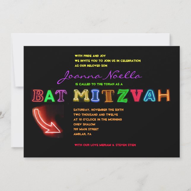 C'EST ÉLECTRIQUE !  Invitation Bat mitzvah NEON SI (Devant)