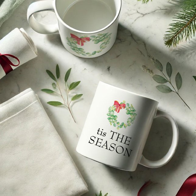 C'est la Mug de Noël de la saison (Christmas mugs feature the words tis The Season with watercolor wreath art by Victoria Grigaliunas)