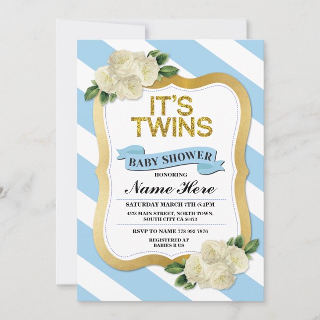 C'est Twins Boys Baby shower Blue Gold Invitation (Devant)
