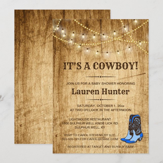 C'est un Cowboy ! Invitation Baby shower pays (Devant / Derrière)