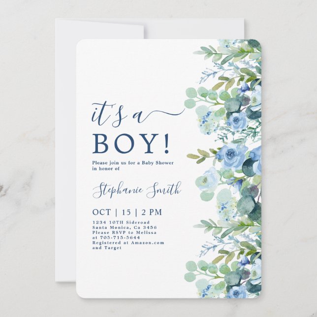 C'est un garçon Blue Floral Baby shower Invitation (Devant)