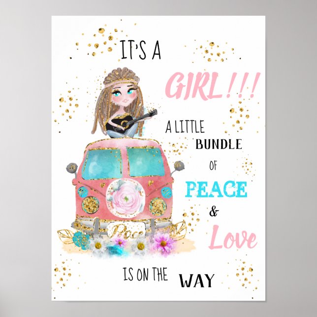 * C'est une affiche de Baby shower hippie rétro de (Devant)