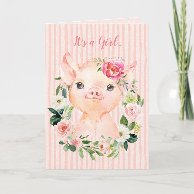 C'est une carte de Baby shower de porc florale de  (Devant)