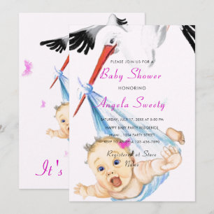 C'est une cigogne portant une invitation Baby show