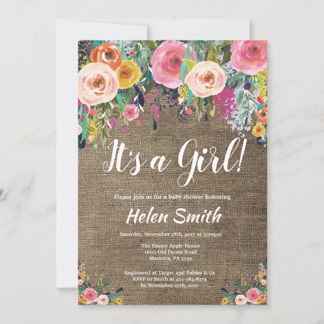 C'est une fille Baby shower Floral Invitation Burl (Devant)