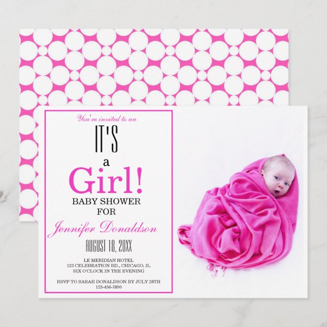 C'est une fille ! Invitation photo Baby shower ros (Devant / Derrière)