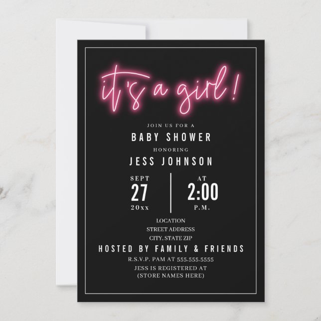 C'est une fille rose Neon Baby shower Invitation (Devant)