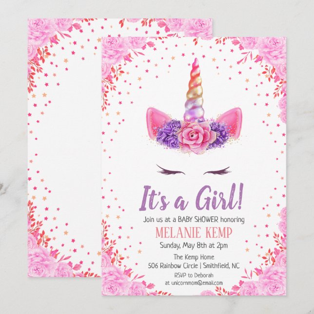 C'est une fille Unicorne Invitation Baby shower Fl (Devant / Derrière)