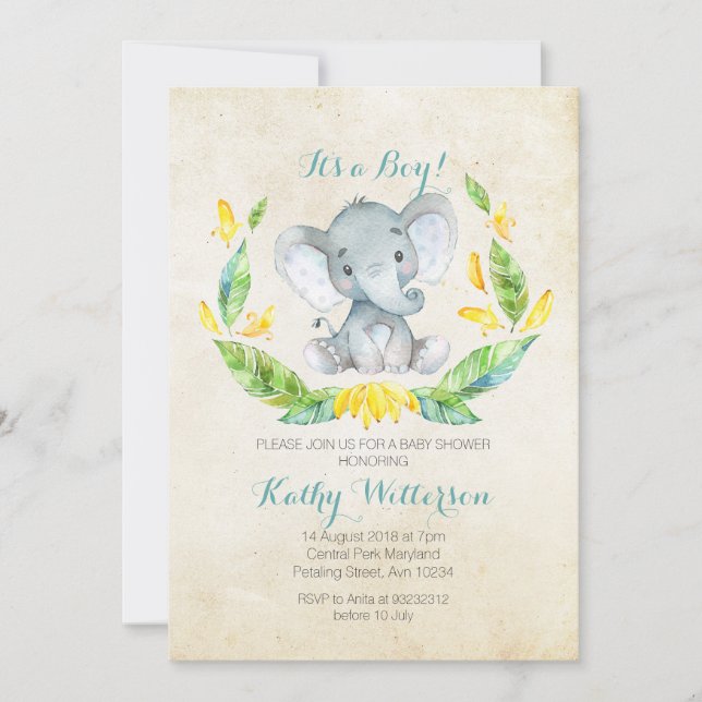 C'est une invitation au baby shower d'éléphants (Devant)