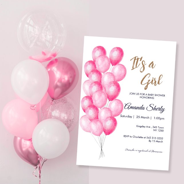 C'est une Invitation Baby shower Fille Ballons Ros (Its a Girl Pink Balloons Baby Shower Invite)
