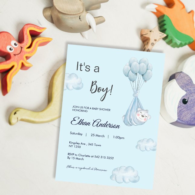 C'est une Invitation de Baby shower de ballons d'o (Its a boy bear Balloon Baby Shower Invite)