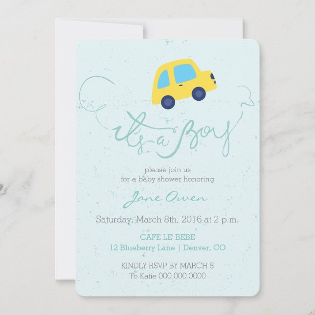 C'est une invitation de baby shower de bus bleu ga (Devant)