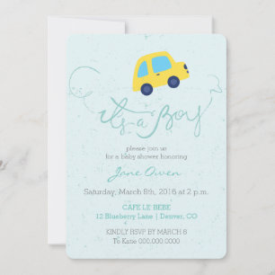 C'est une invitation de baby shower de bus bleu ga