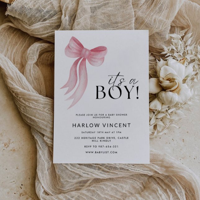 C'est une invitation de Baby shower de garçon rose (It's A Boy Pink Bow Baby Shower Invitation)
